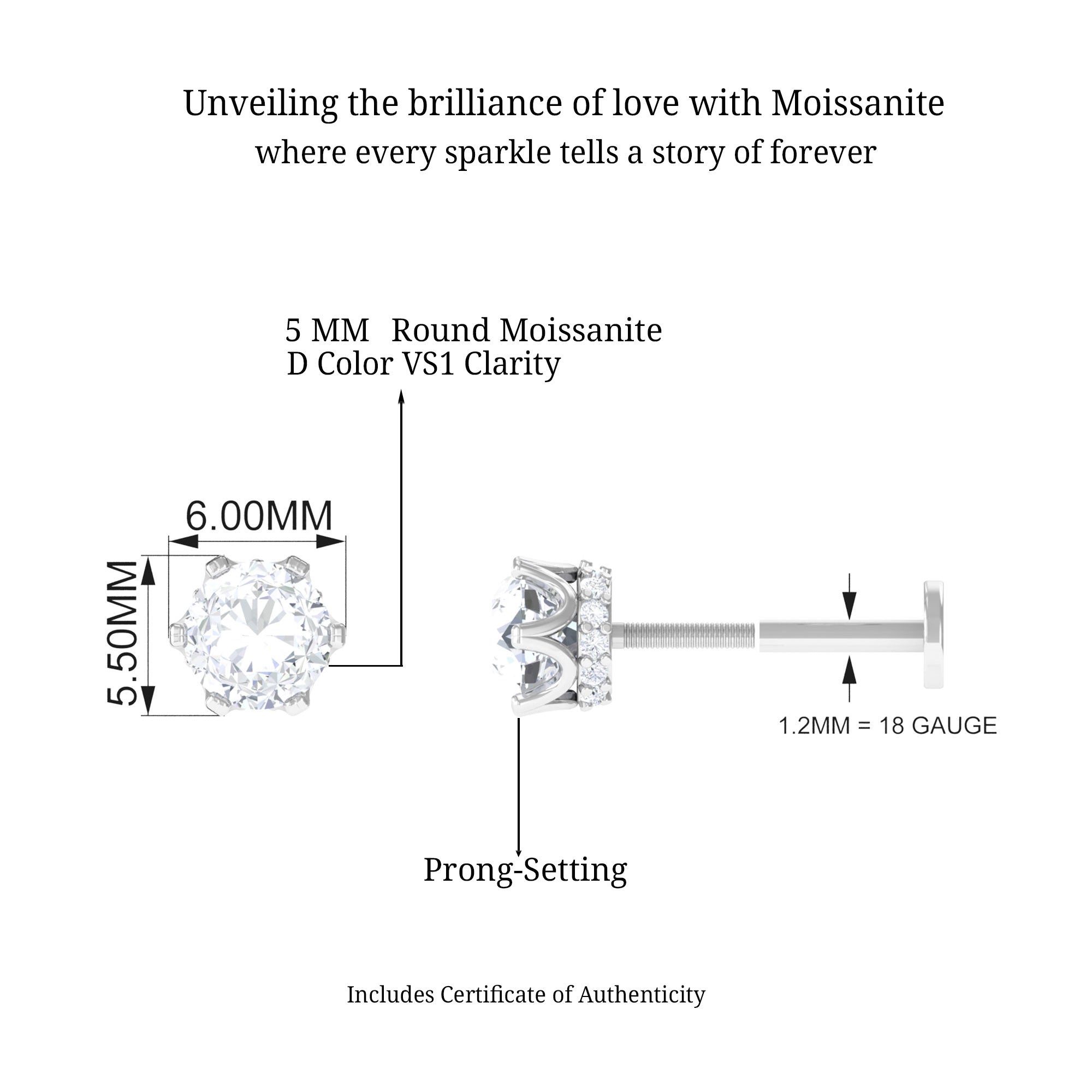 5 MM Moissanite Solitaire Earring for Helix Piercing D-VS1 - Sparkanite Jewels