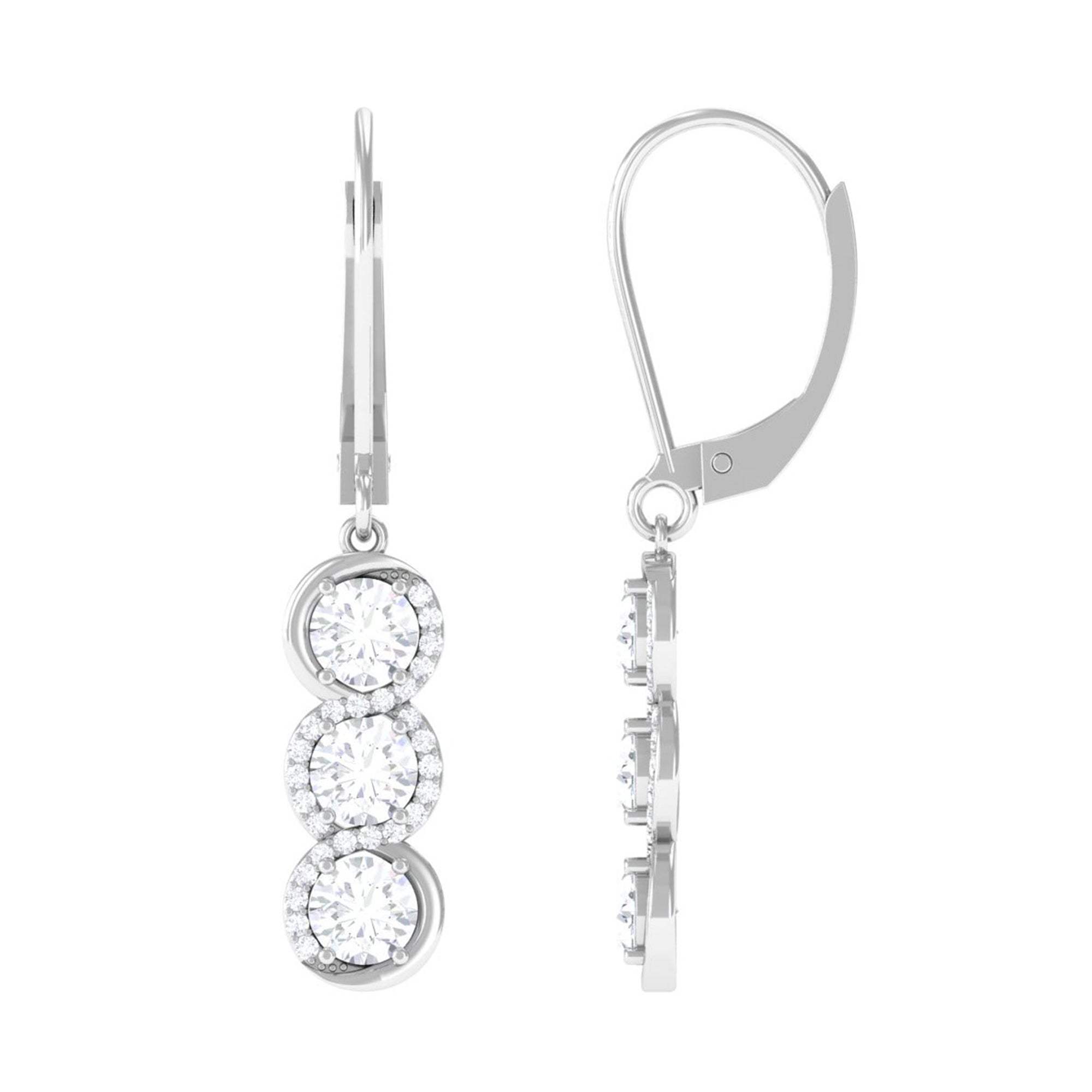 Sparkanite Jewels-Round Moissanite Three Stone Dangle Earrings with Lever Back