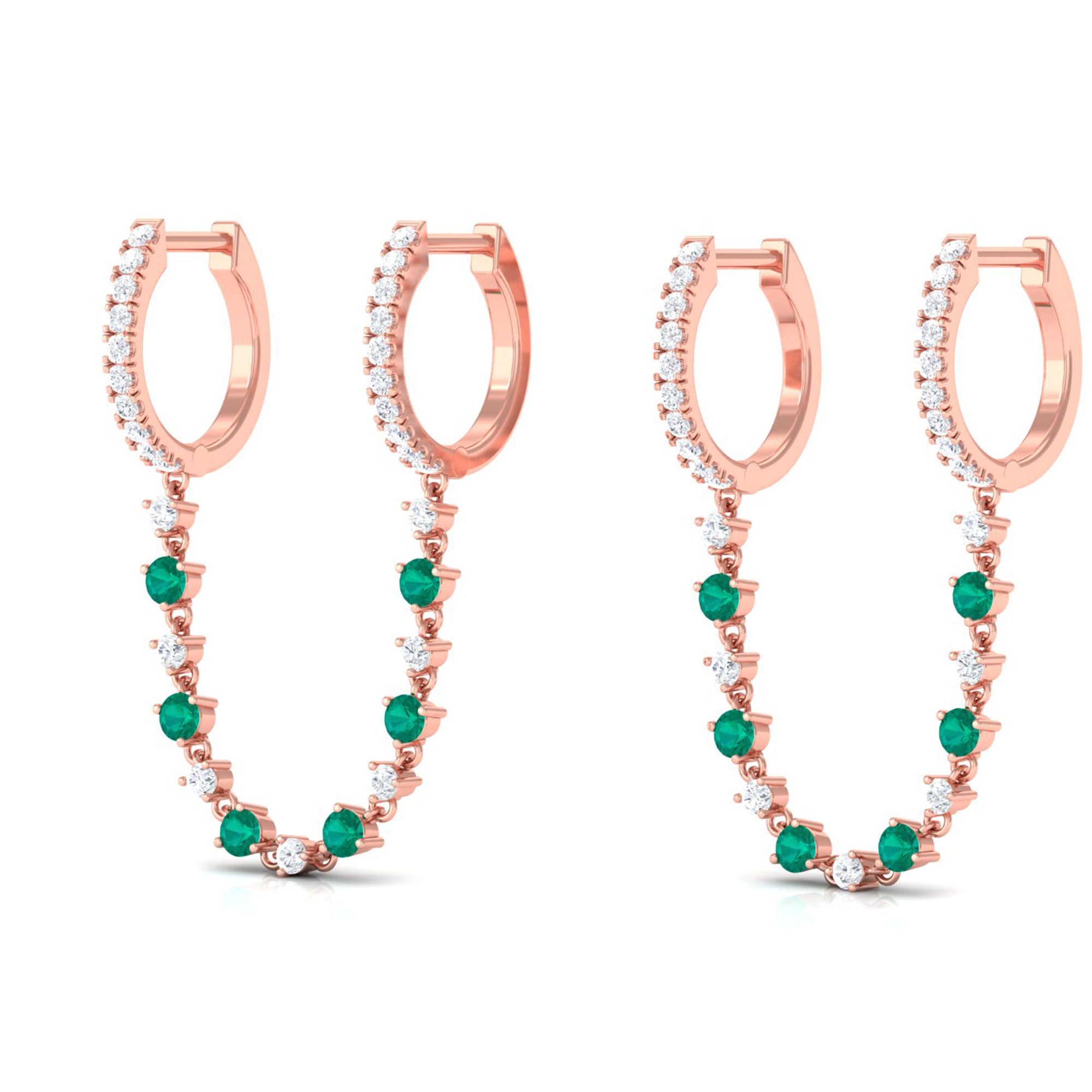 Sparkanite Jewels-Chain Hoop Earrings with Moissanite and Emerald