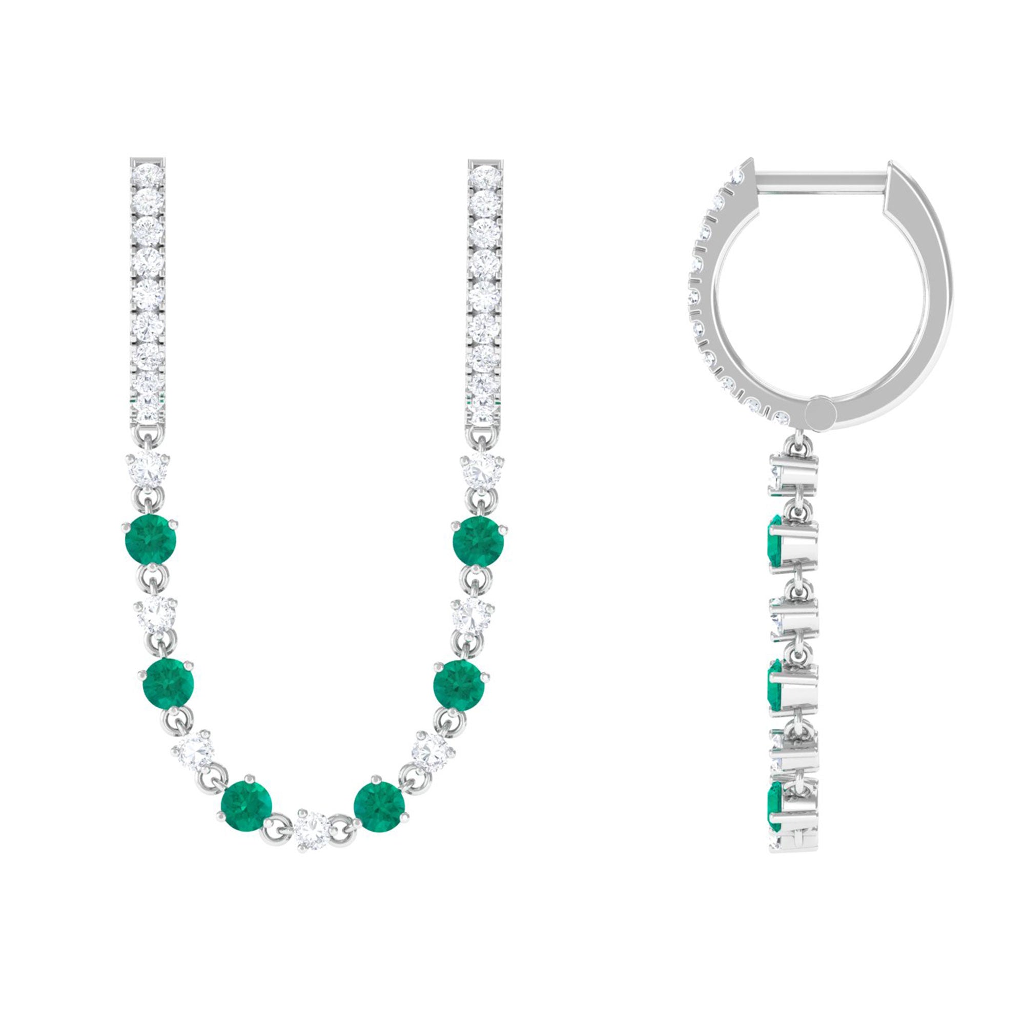 Sparkanite Jewels-Chain Hoop Earrings with Moissanite and Emerald