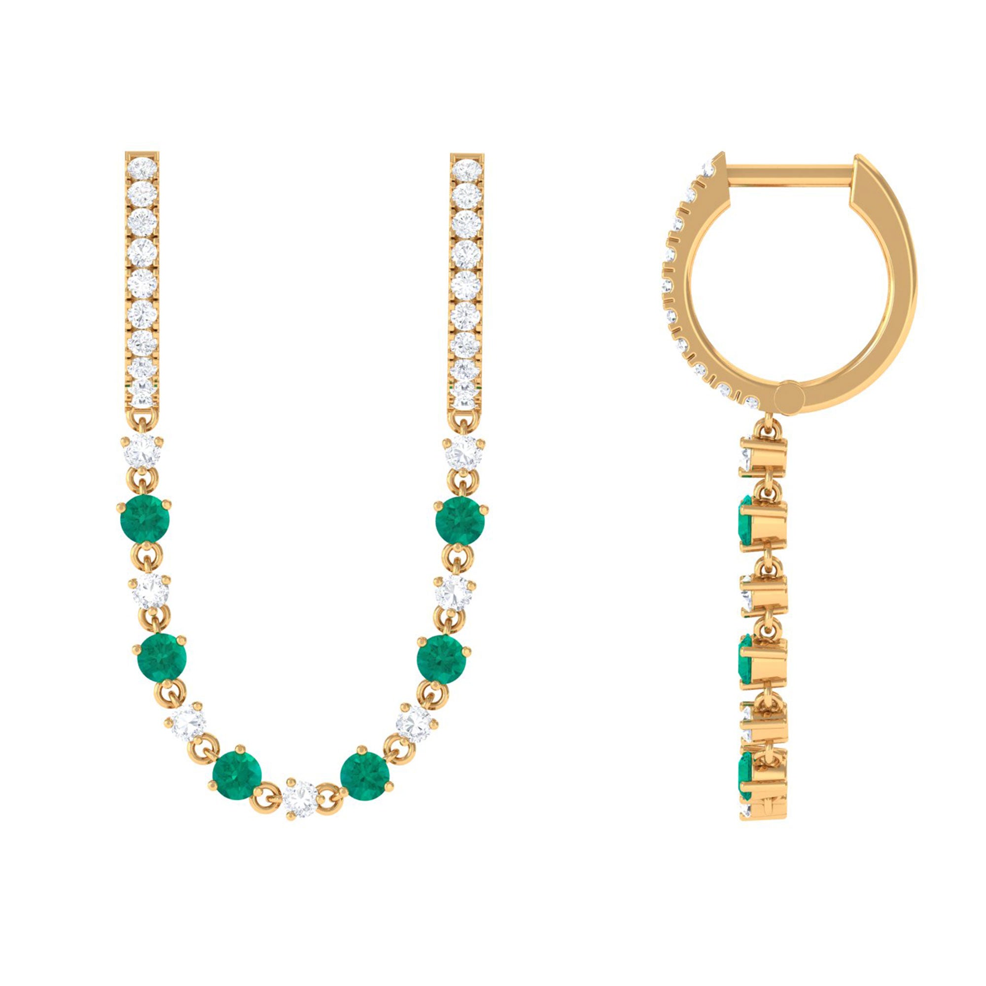 Sparkanite Jewels-Chain Hoop Earrings with Moissanite and Emerald