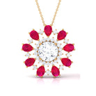 Certified Moissanite Floral Inspired Pendant Necklace with Ruby D-VS1 10 MM - Sparkanite Jewels