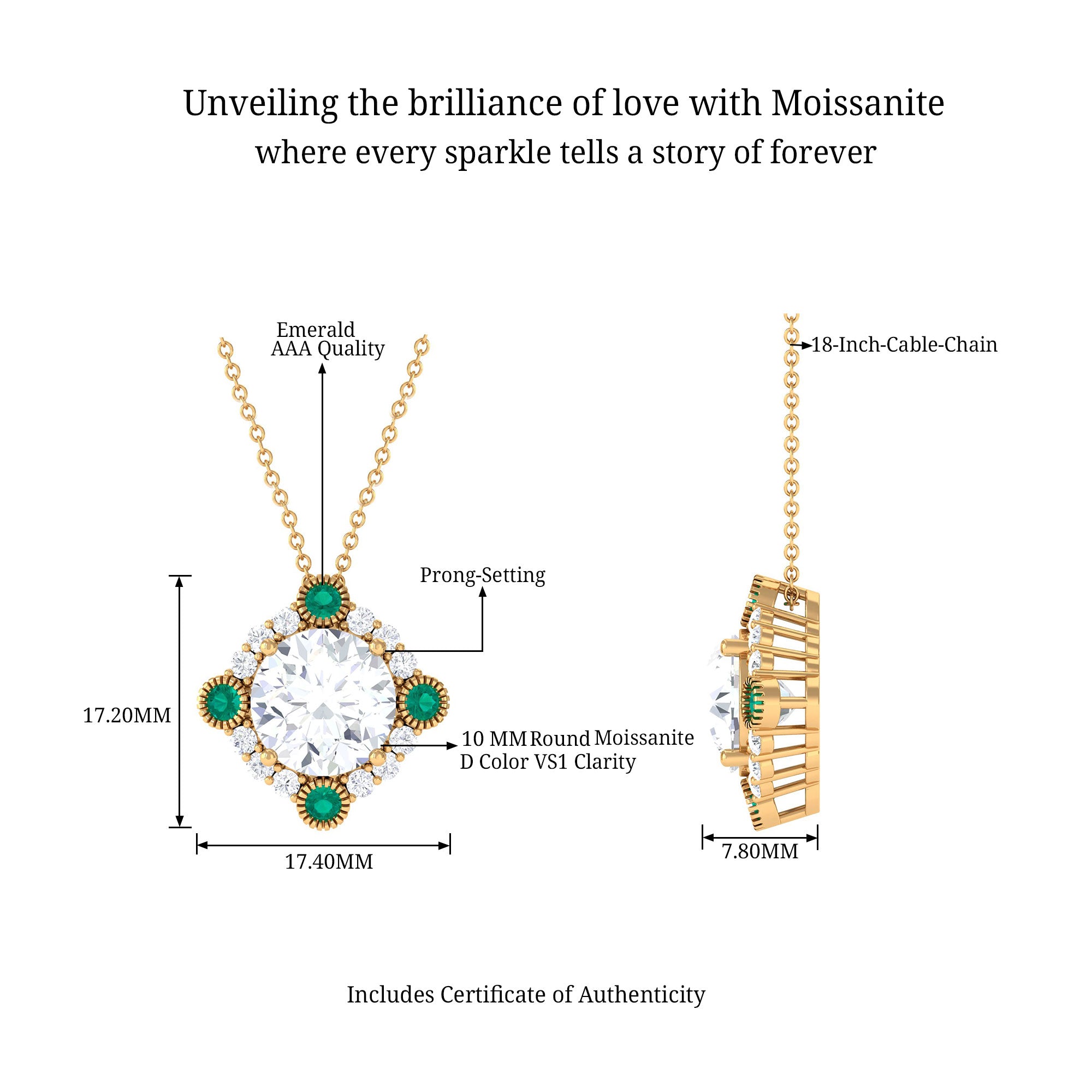 Vintage Inspired Pendant with Moissanite and Emerald D-VS1 10 MM - Sparkanite Jewels