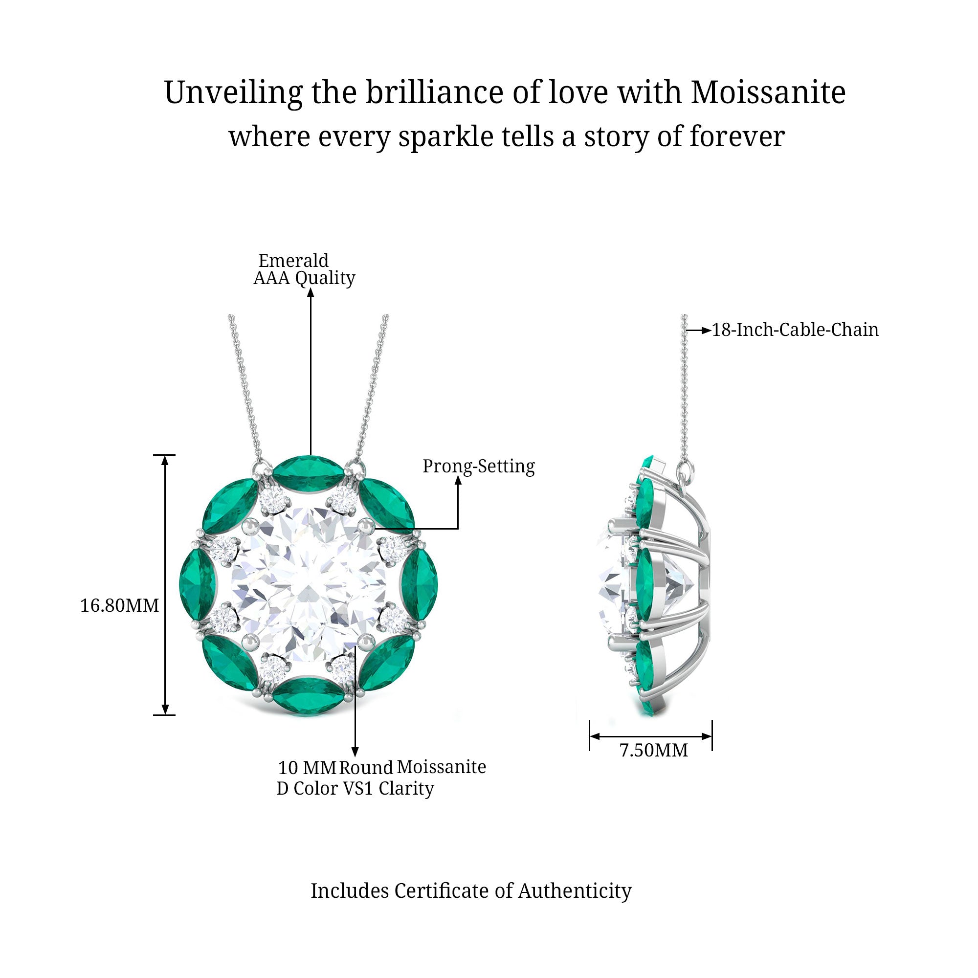 Certified Moissanite Floral Inspired Necklace with Green Emerald D-VS1 10 MM - Sparkanite Jewels