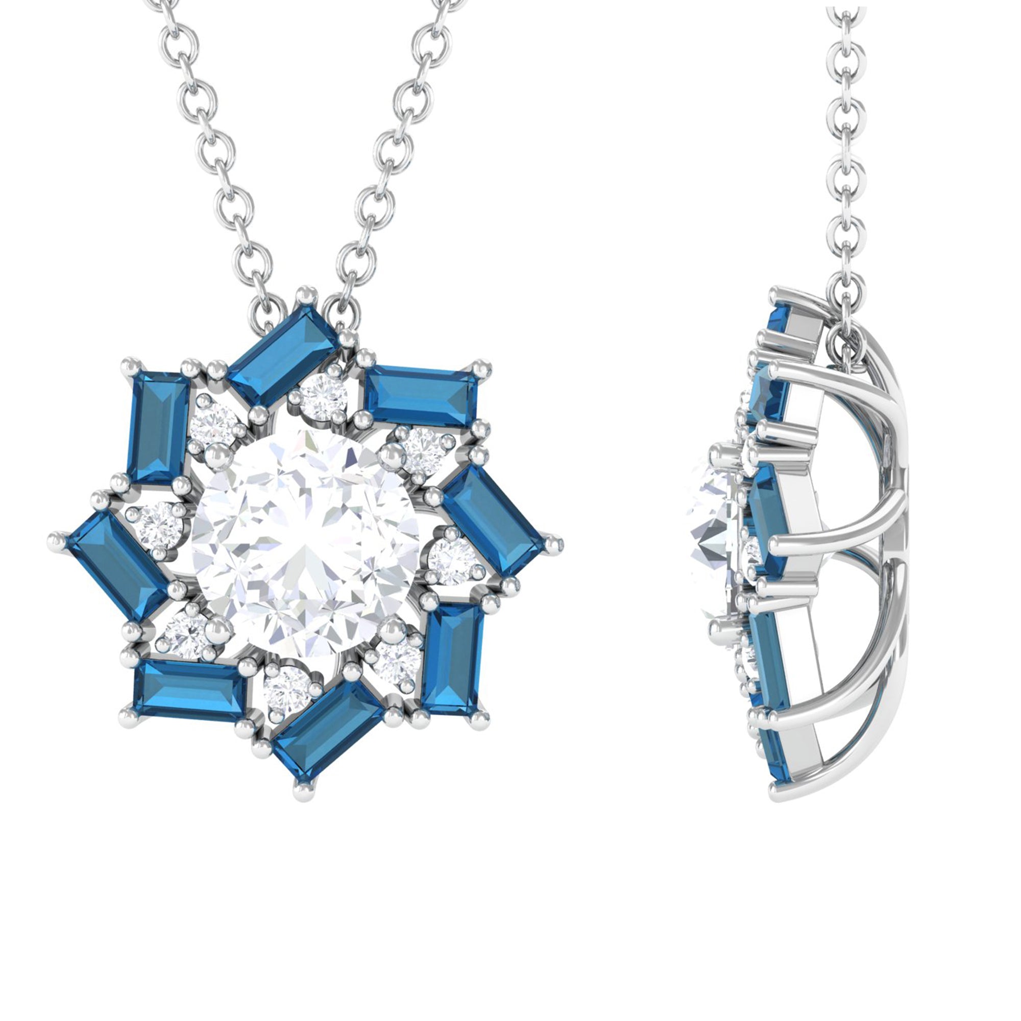 Round Moissanite Designer Floral Inspired Pendant with London Blue Topaz D-VS1 6 MM - Sparkanite Jewels