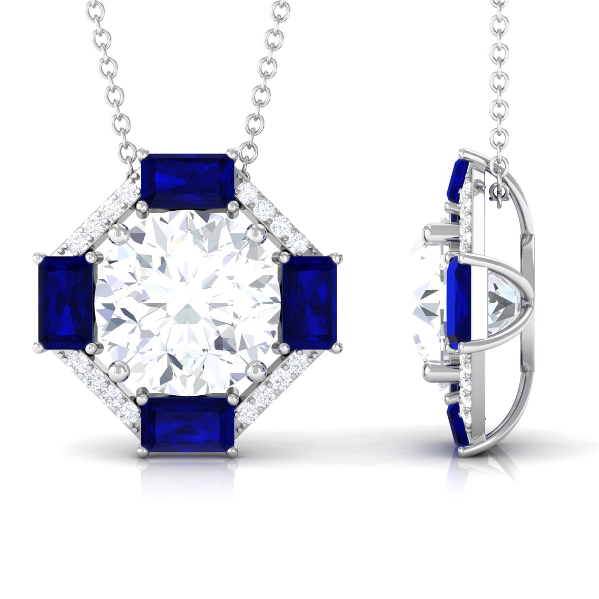 Contemporary Moissanite Pendant Necklace with Blue Sapphire D-VS1 10 MM - Sparkanite Jewels