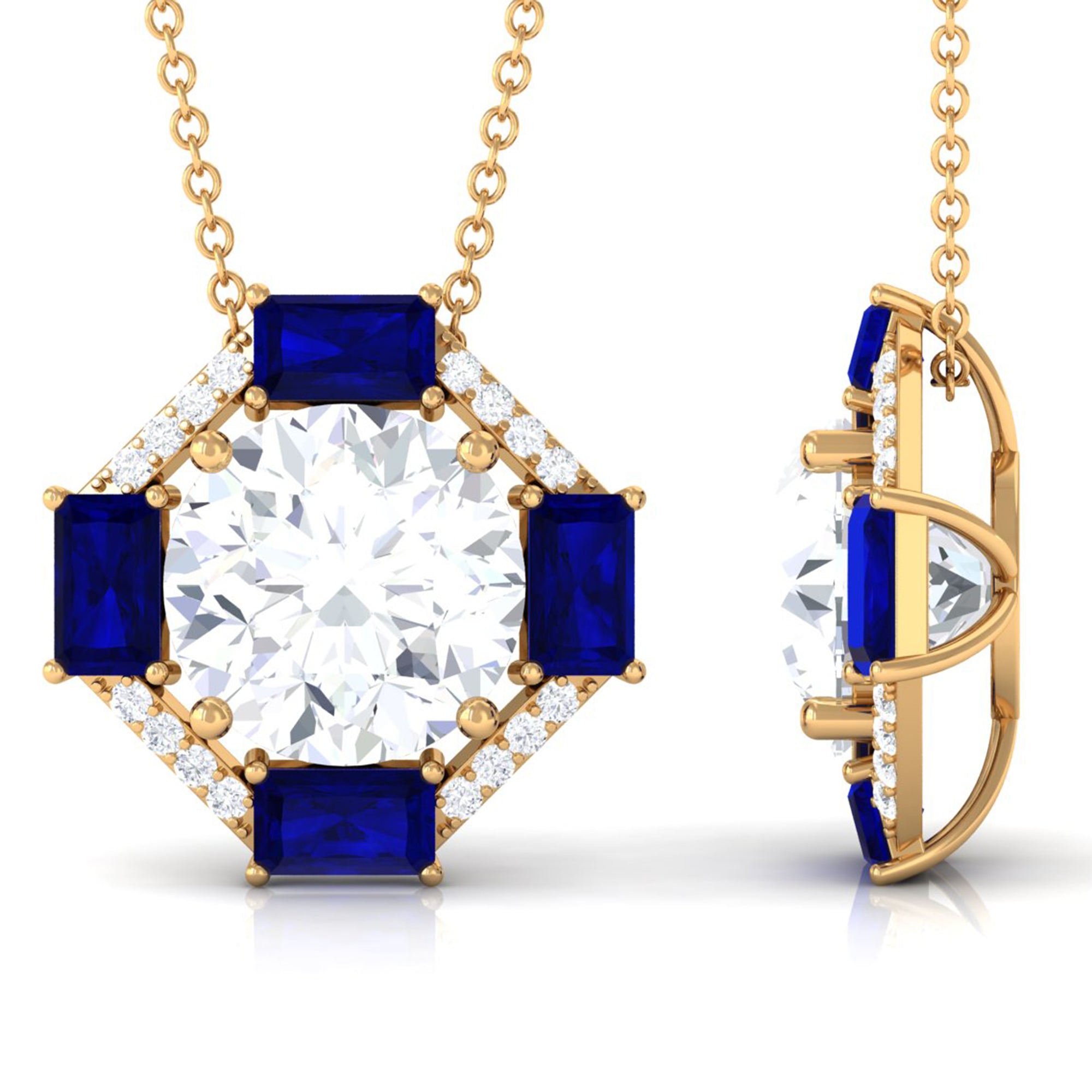 Contemporary Moissanite Pendant Necklace with Blue Sapphire D-VS1 10 MM - Sparkanite Jewels