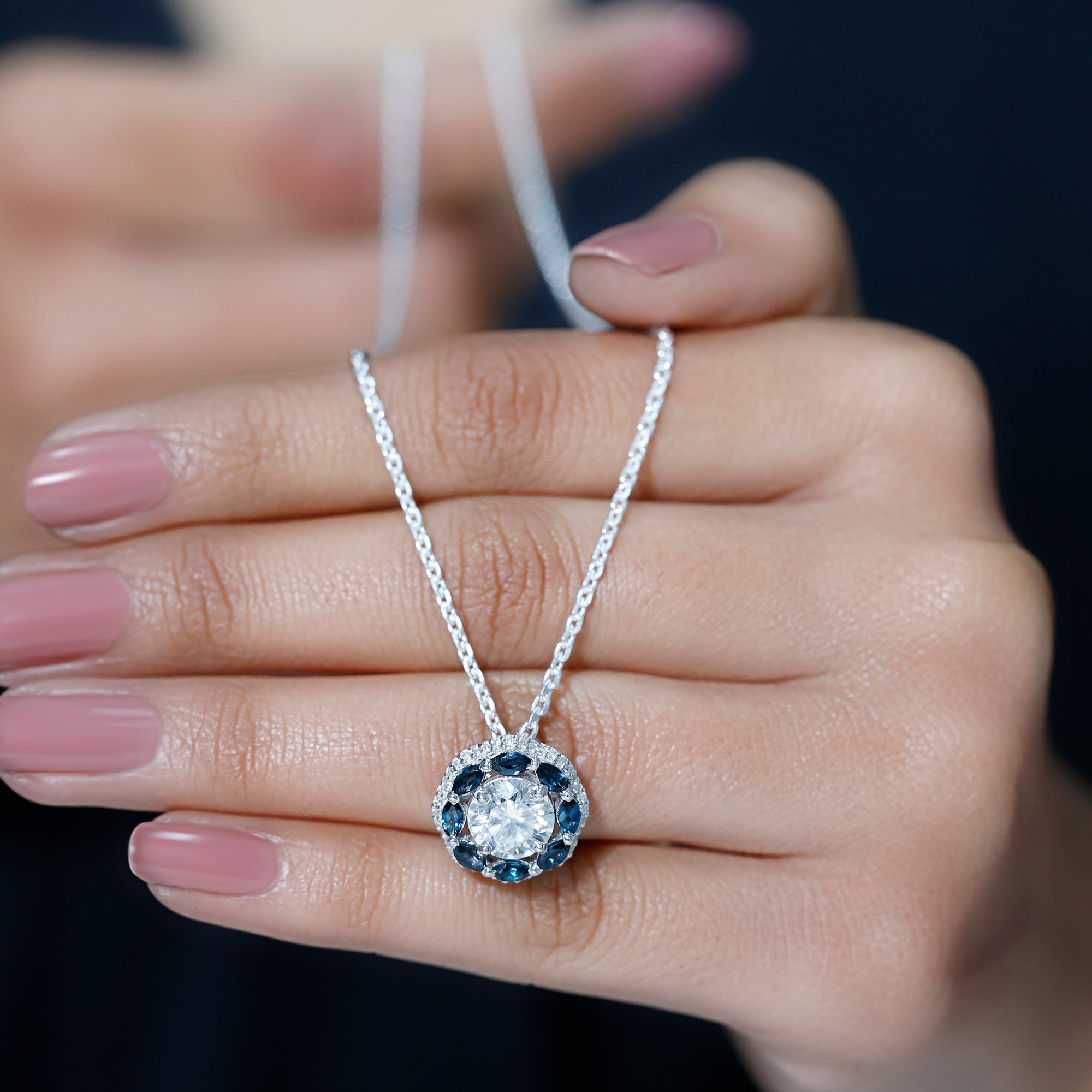 Sparkanite Jewels-Certified Moissanite Nature Inspired Pendant with London Blue Topaz