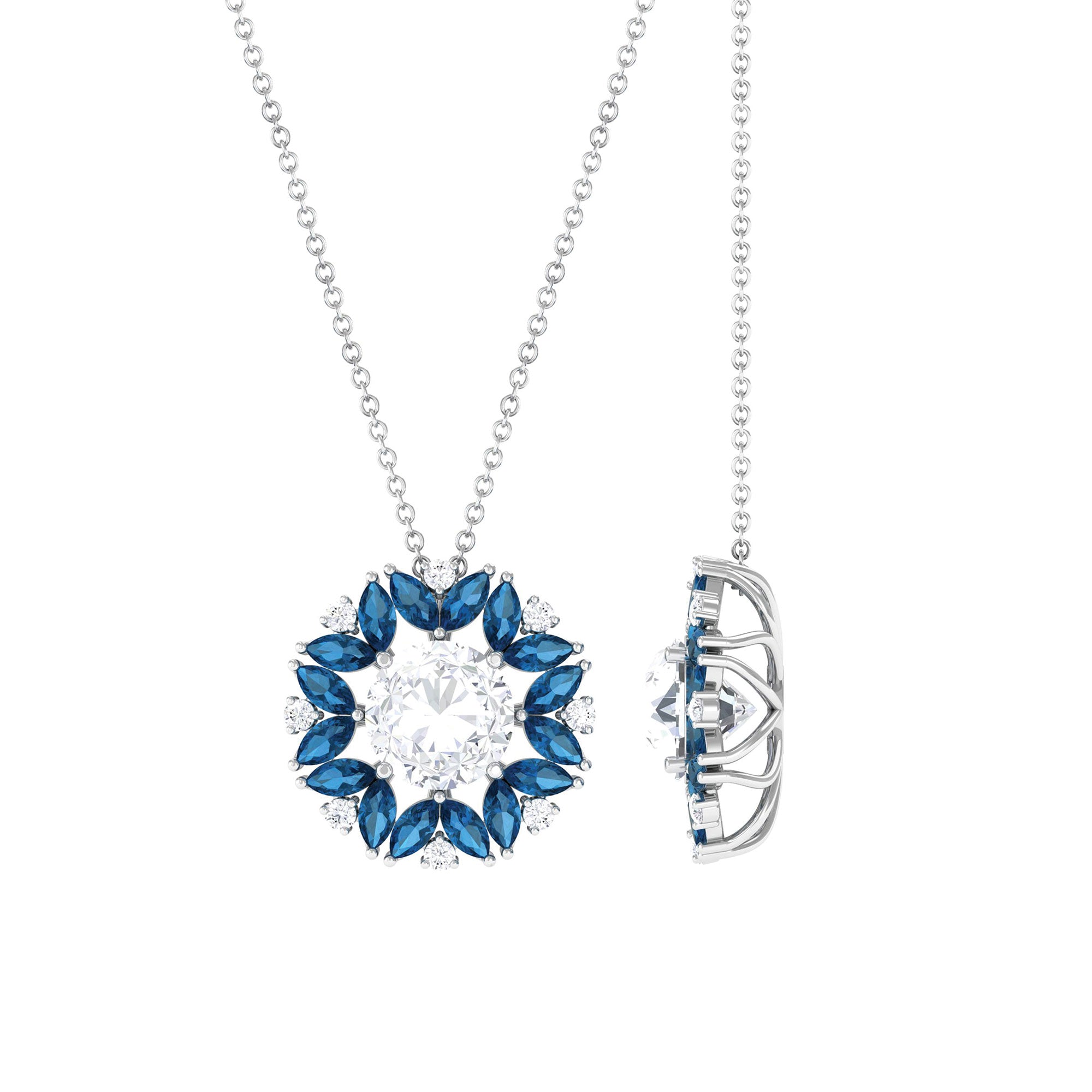 Sparkanite Jewels-Moissanite Pendant Necklace with London Blue Topaz Halo