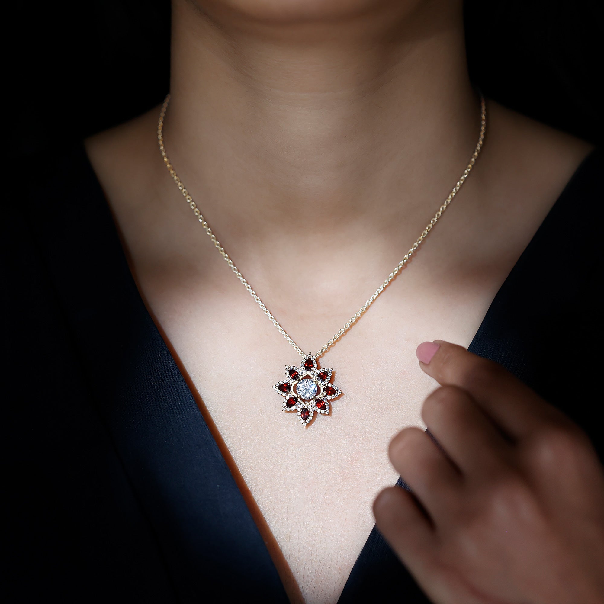 Sparkanite Jewels-Certified Moissanite Statement Floral Inspired Pendant with Garnet