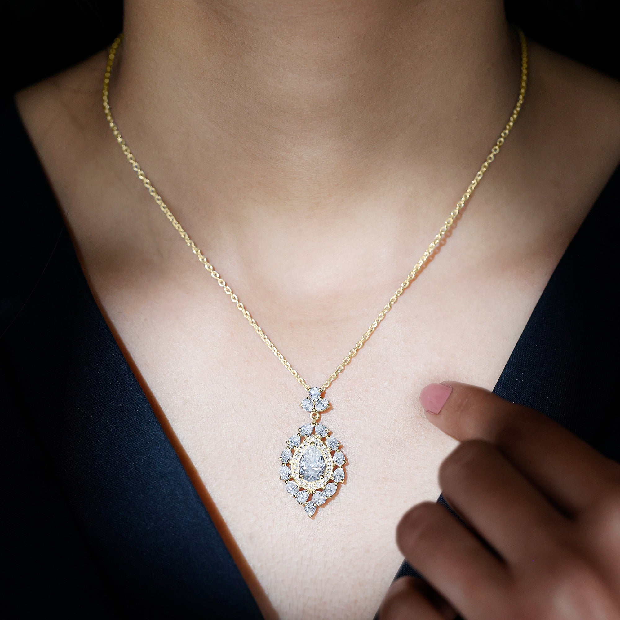 Sparkanite Jewels-Pear Shape Moissanite Cocktail Halo Drop Pendant