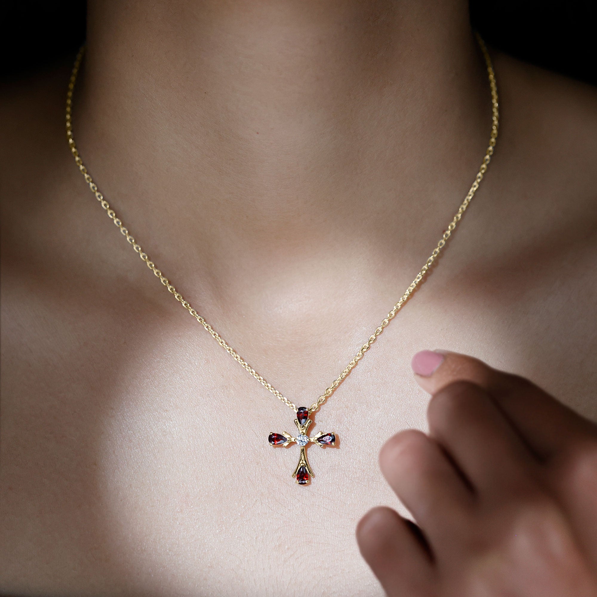 Sparkanite Jewels-Cross Pendant Necklace with Moissanite and Garnet