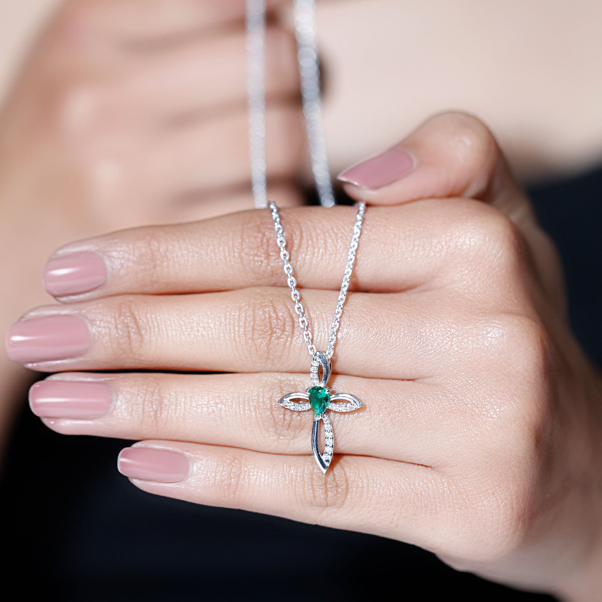 Sparkanite Jewels-Certified Moissanite Cross Silver Pendant with Lab Grown Emerald