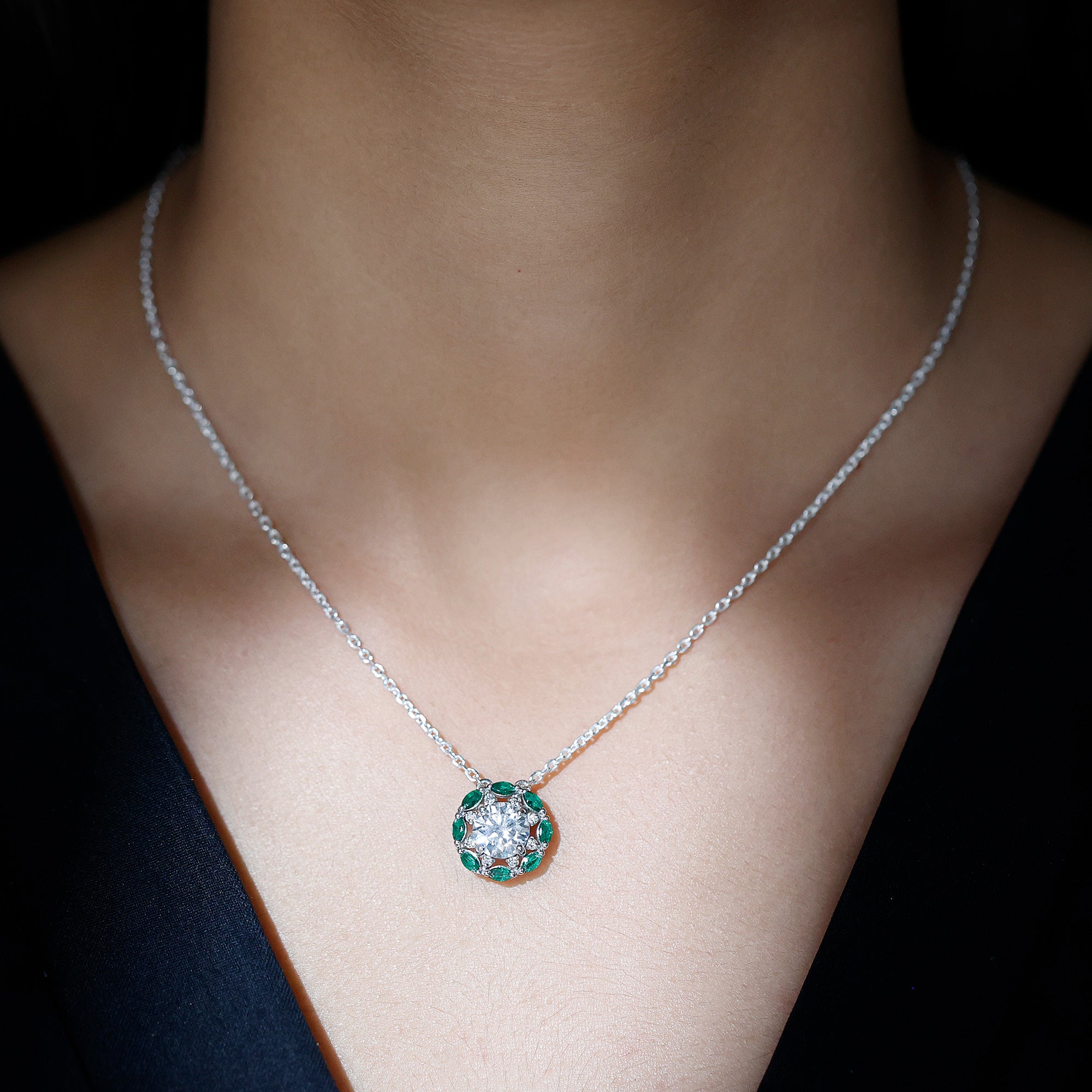 Sparkanite Jewels-Certified Moissanite Floral Inspired Silver Necklace with Lab Emerald