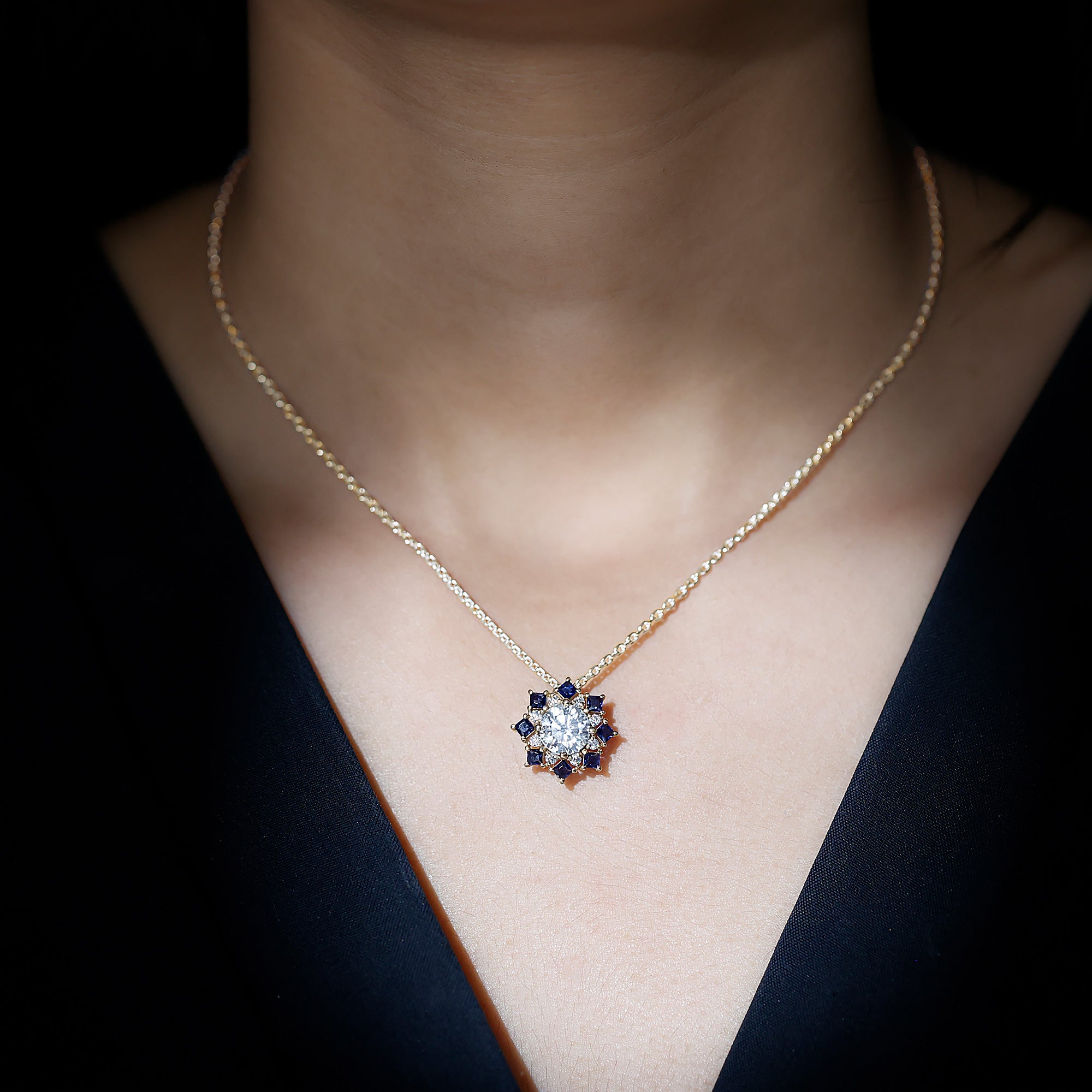 Sparkanite Jewels-Vintage Style Moissanite Pendant with Lab Blue Sapphire