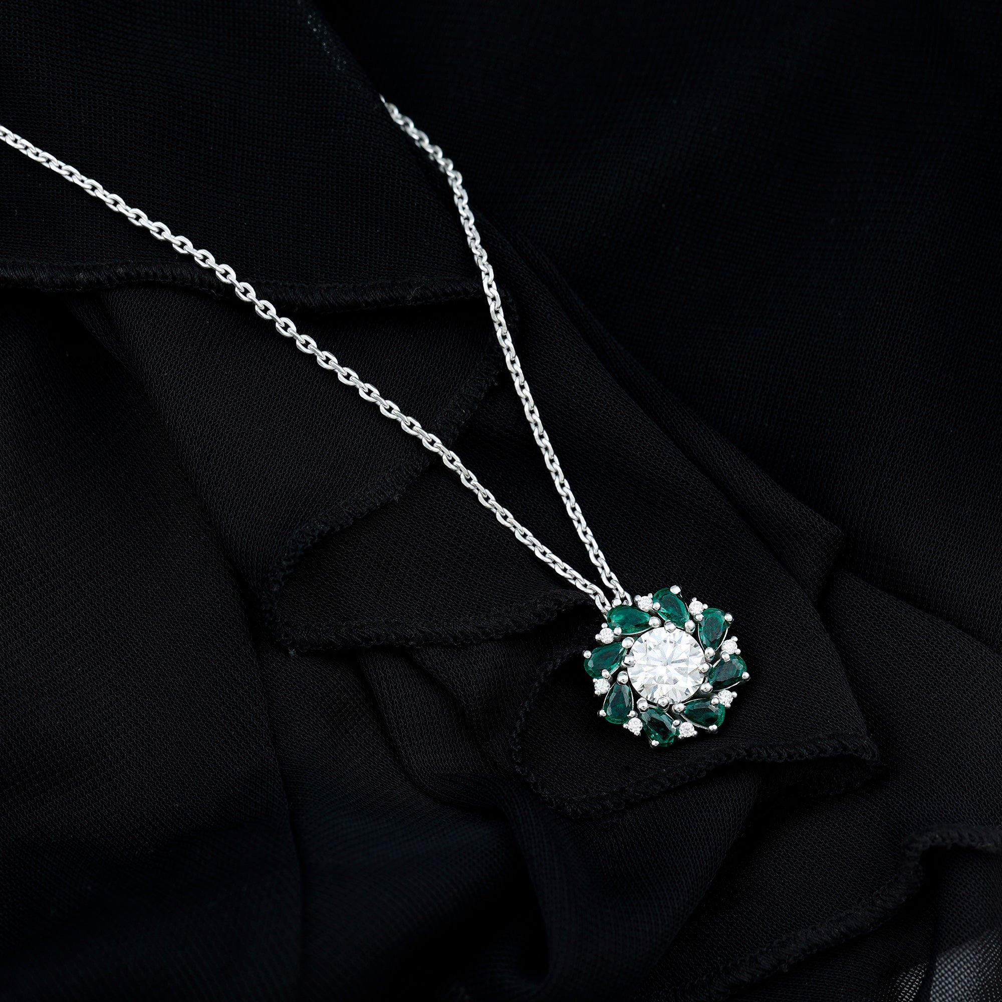 Sparkanite Jewels-Nature Inspired Floral Pendant with Moissanite and Lab Grown Emerald