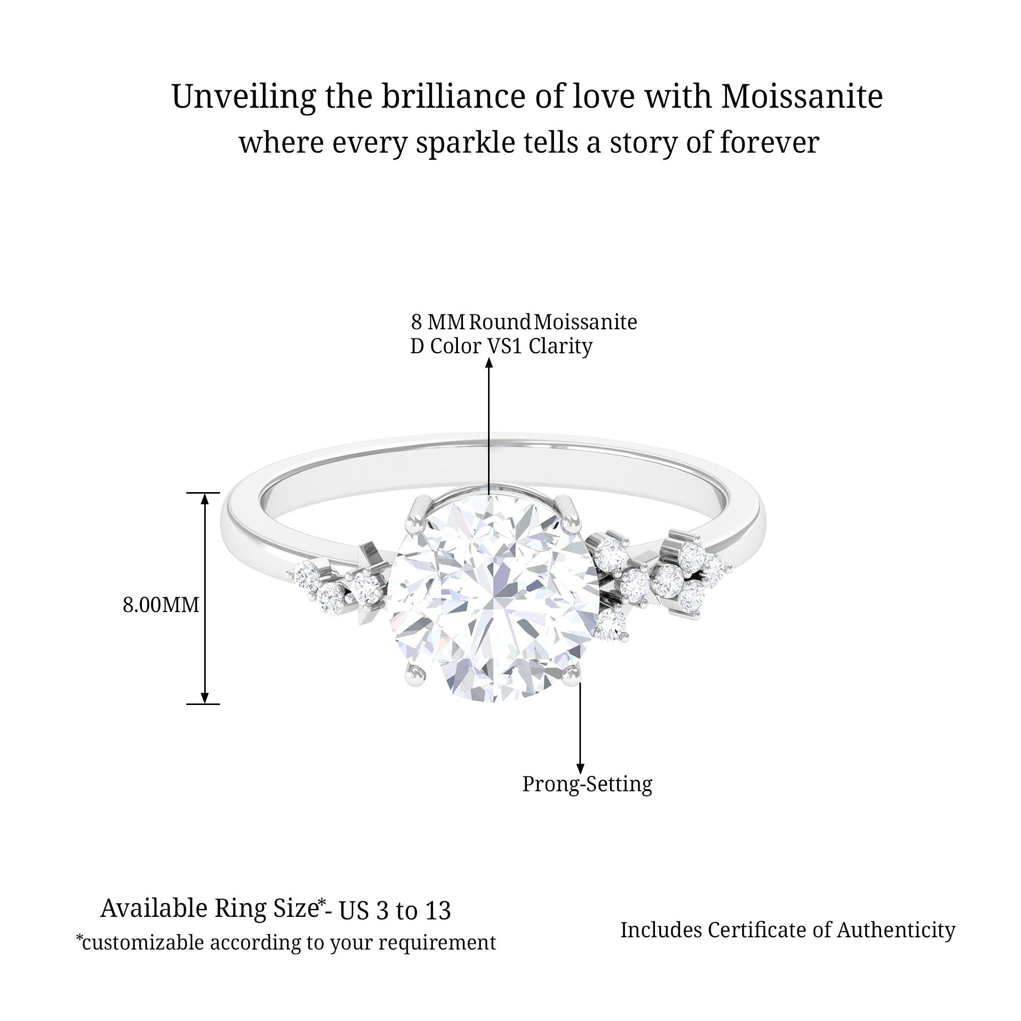 Round Shape Certified Moissanite Promise Ring D-VS1 8 MM - Sparkanite Jewels