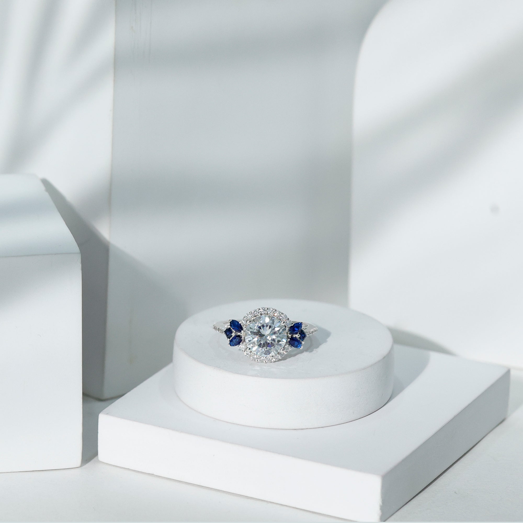 Sparkanite Jewels-Statement Moissanite Halo Engagement Ring with Sapphire