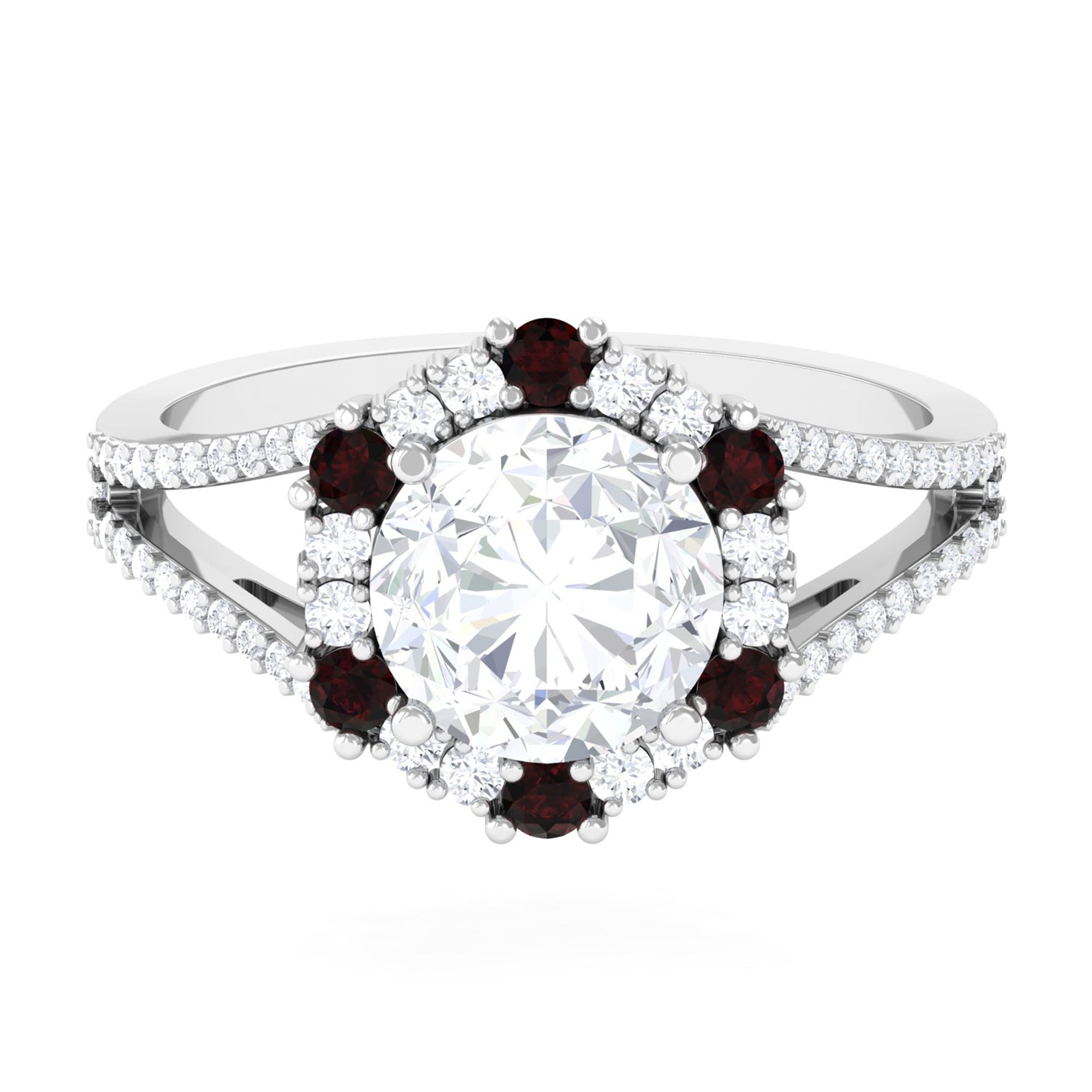 Sparkanite Jewels-Vintage Style Moissanite and Garnet Halo Engagement Ring in Split Shank