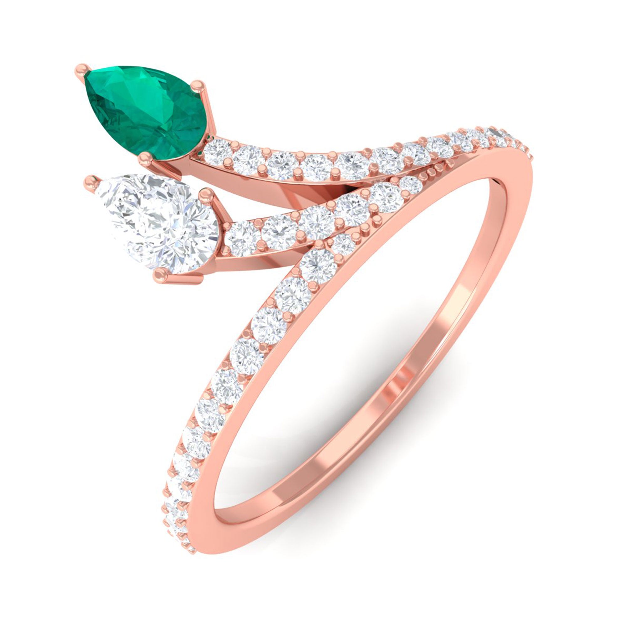 Sparkanite Jewels-Minimal Pear Shape Moissanite and Emerald Leaf Ring