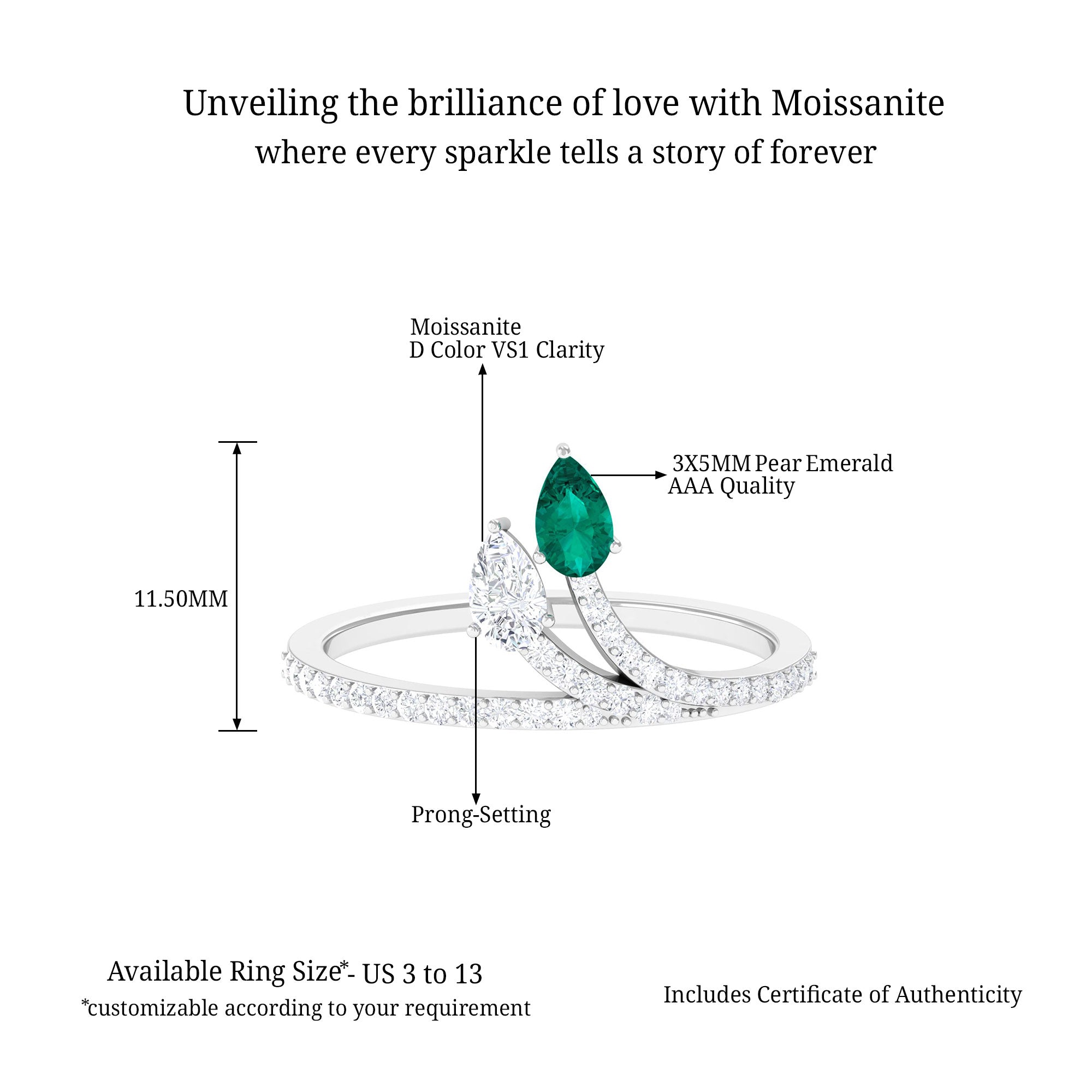 Sparkanite Jewels-Minimal Pear Shape Moissanite and Emerald Leaf Ring