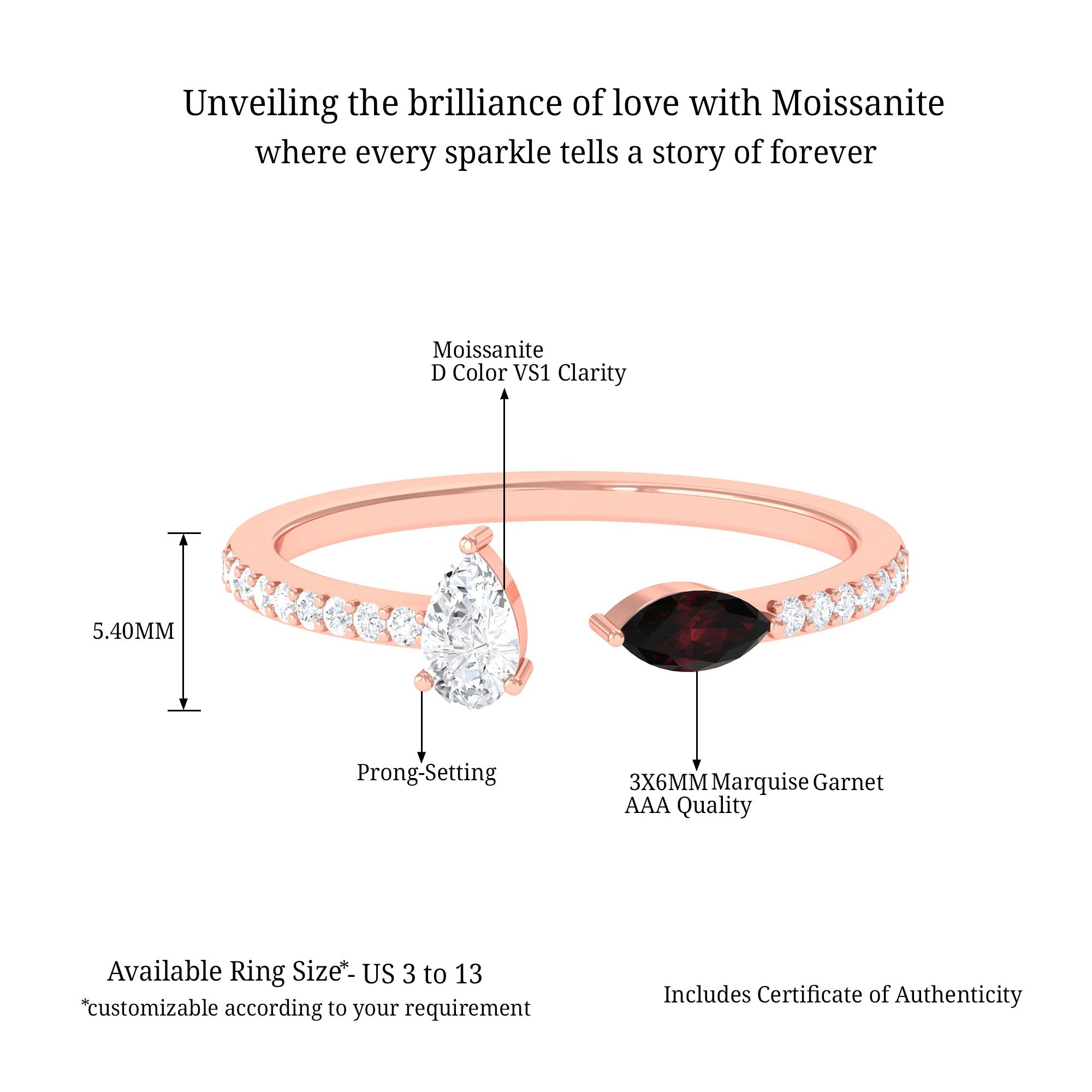 Sparkanite Jewels-Certified Moissanite and Garnet Minimal Cuff Ring