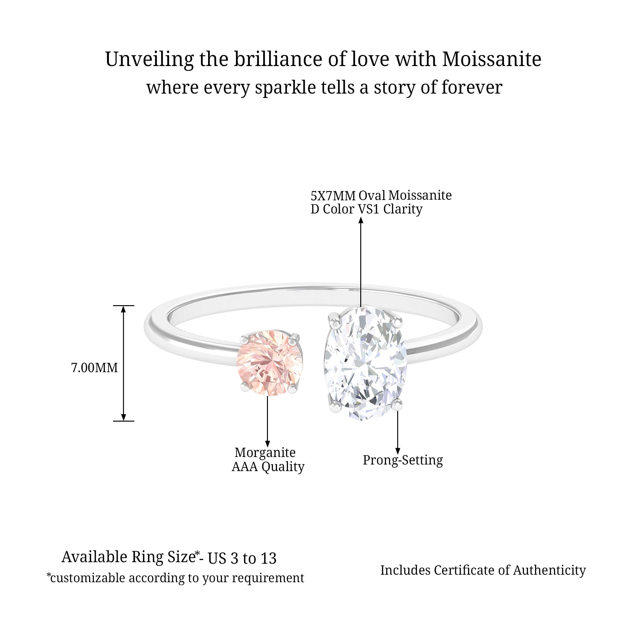 Sparkanite Jewels-Oval Moissanite Toi Et Moi Ring with Morganite