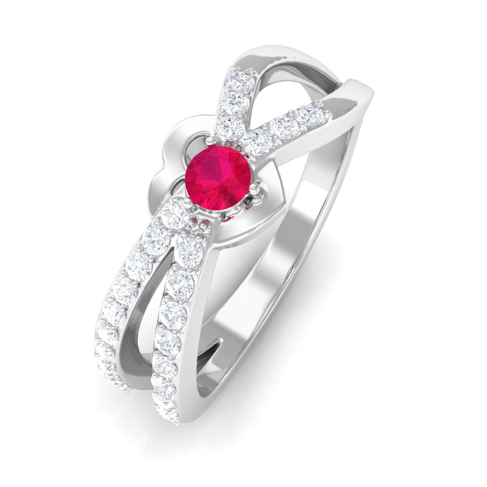 Sparkanite Jewels-Split Shank Heart Promise Ring with Moissanite and Ruby