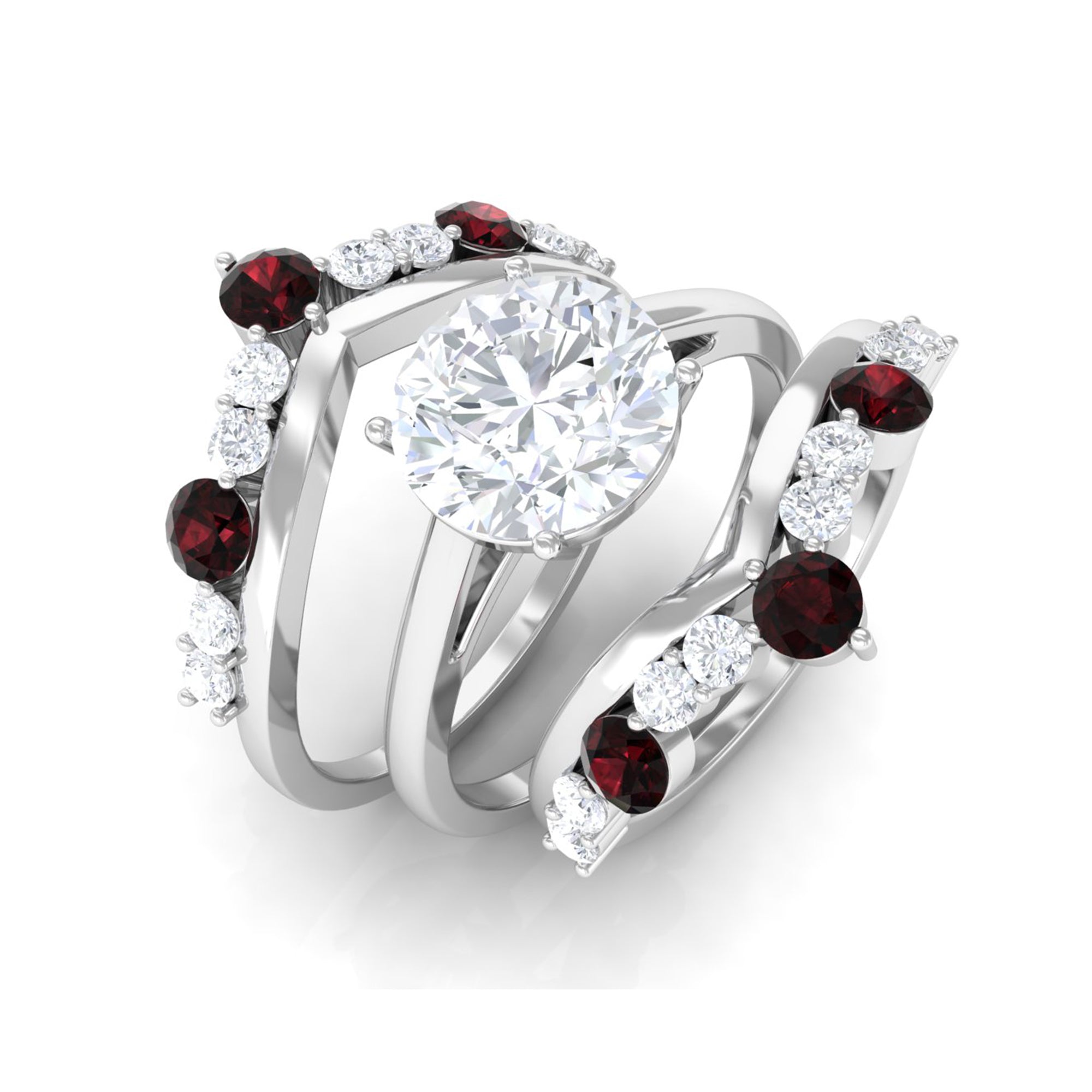 Sparkanite Jewels-Classic Moissanite Bridal Ring Set of 3 with Garnet