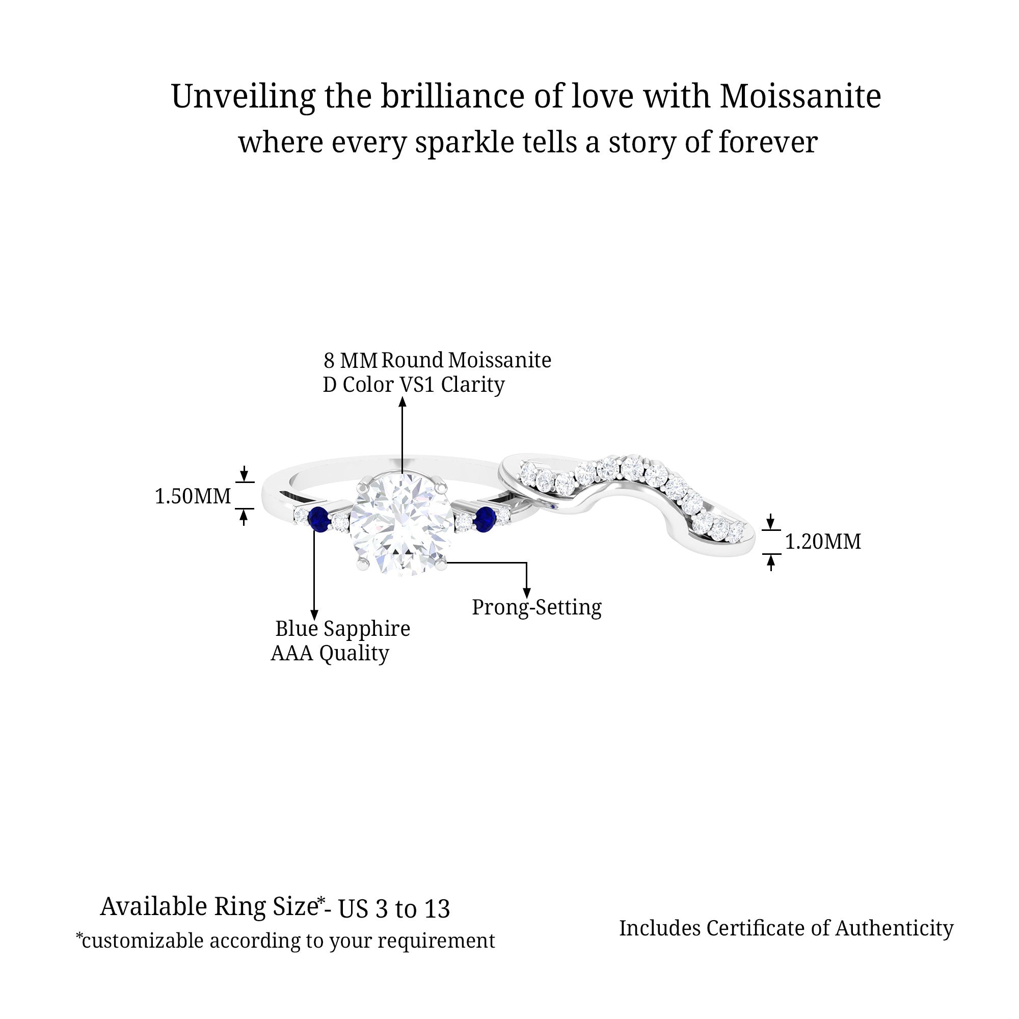 Moissanite Designer Bridal Ring Set with Blue Sapphire D-VS1 - Sparkanite Jewels